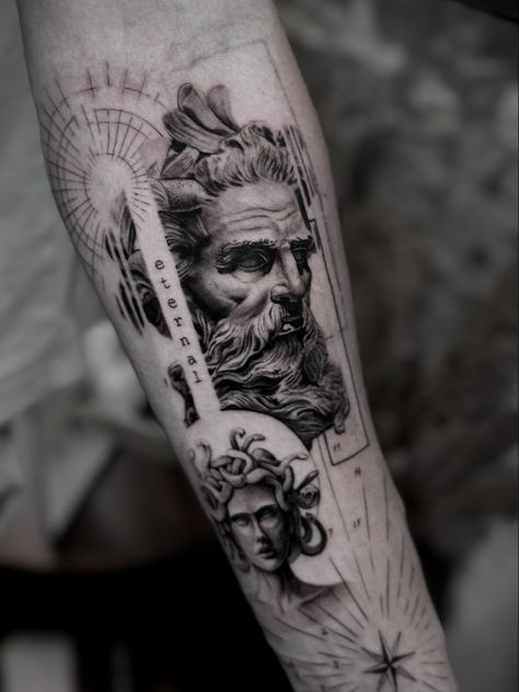 #tattoo #tattooideas #paris #paristattooshop #paristattoo #microrealism #tatouage Greece Sleeve Tattoo, Roman Tattoo Ideas Mythology, Ancient Greek Tattoo Sleeve, Roman Theme Tattoo, Prometheus Tattoo Design, Greek Tattoo Designs Mythology, School Of Athens Tattoo, Greek Geometric Tattoo, Greek Gods Tattoo Design