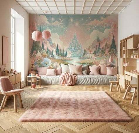 Wallpapers Kids Room, Kids Bedroom Wall Painting Ideas, Kids Room Mural, Weird Decor, Unicorn Wallpapers, Wallpaper Childrens Room, Land Wallpaper, Unicorn Land, Wallpaper For Kids Room