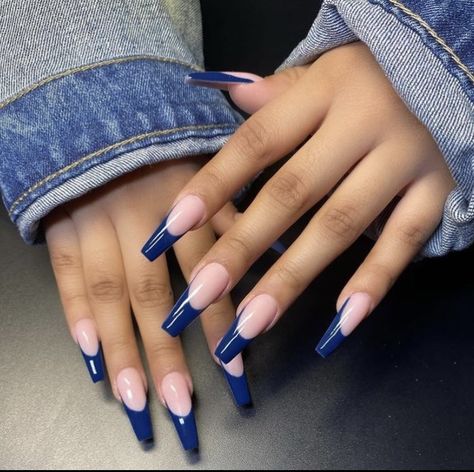 Blue And White Nail, Navy Blue Nail Designs, Blue And Silver Nails, Blue Coffin Nails, Navy Nails, Blue French Tips, Navy Blue Nails, Long Acrylic Nail Designs, Blue Acrylic Nails