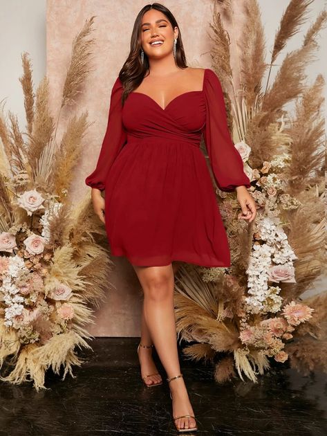 SHEIN Plus Lantern Sleeve Overlap Collar Dress | SHEIN Red Cocktail Dress Plus Size, Red Dress Plus Size, Vestidos Color Vino, Plus Size Homecoming Dresses, Plus Size Red Dress, Bday Dress, Preppy Prom, Business Formal Dress, Coachella Dress