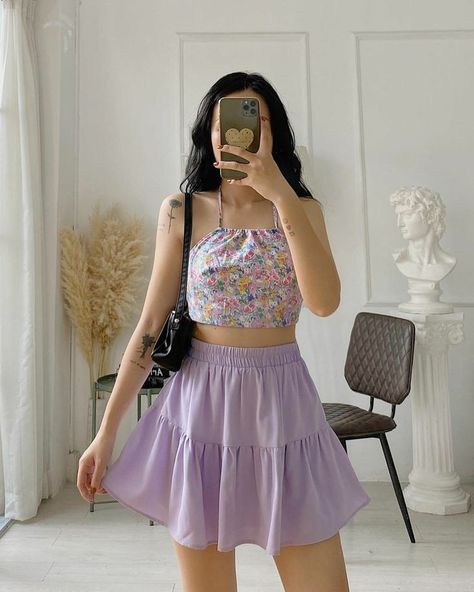 follow for more! @selinazzzi Purple Skirt Outfit Aesthetic, Purple Skirt Outfit, Lucy Hale Style Outfits, Skirt Outfit Aesthetic, Summer Fashion Dresses Casual, Skirt Outfits Aesthetic, Normal Style, Diy Summer Clothes, Long Skirt Fashion