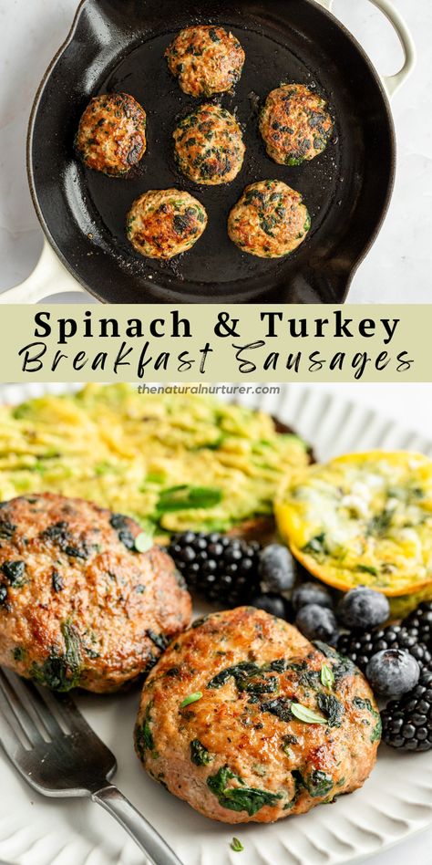 These homemade Spinach & Ground Turkey Breakfast Sausage are the perfect way to add protein, veggies, and flavor to breakfast! Mixed up in one bowl and using frozen spinach for ultimate ease, they get their incredible flavor from the addition of the perfect blend of dried herbs you likely have in your pantry. Perfect as part of meal prep to make busy mornings filling and fast! Ground Turkey Sausage Recipes, Ground Turkey Breakfast Sausage, Ground Turkey Breakfast, R3 Recipes, Amazing Smoothies, Turkey Sausage Recipes, Natural Nurturer, Macro Diet, Alpha Gal