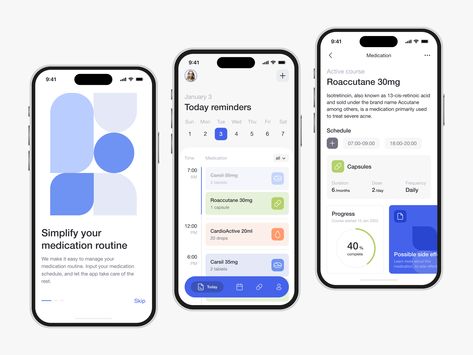 Medication Reminder App by Yuliia for Fireart Studio on Dribbble Medication Reminder, Mobile App Inspiration, Reminder App, Ui Design Dashboard, App Design Layout, Medical App, Ios App Design, Interactive Media, Banking App