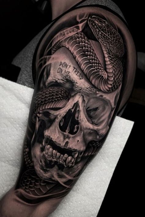 Greek Skull Tattoo, Upper Arm Sleeve Tattoos For Guys, Skull And Snake Tattoo Design, Upper Sleeve Tattoo, Skull Arm Tattoo, Snake Skull Tattoo, Cobra Tattoo, Snake Skull, Skull Hand Tattoo