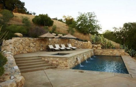 Stone Pool Deck, Steep Backyard, Hillside Pool, Sloped Yard, Stone Pool, Sloped Backyard, Backyard Pool Landscaping, Large Backyard, Building A Pool