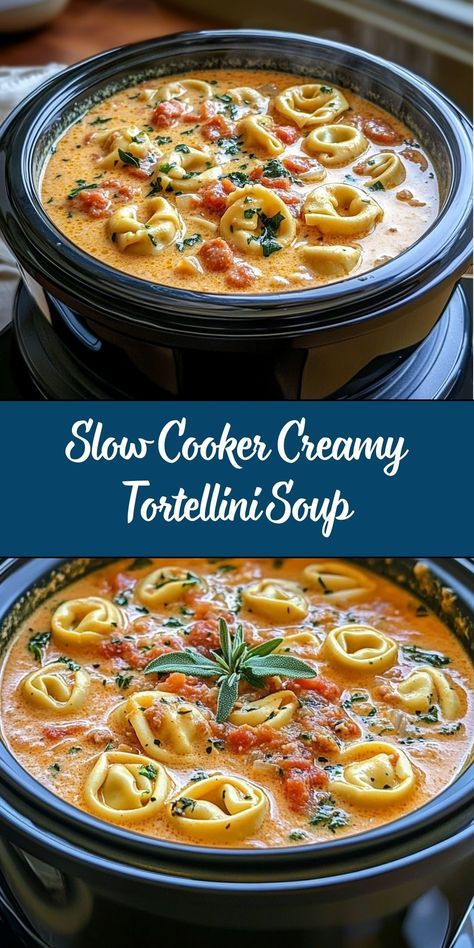 This Slow Cooker Creamy Tortellini Soup is a delightful blend of Italian sausage, cheese tortellini, and fresh spinach, all simmered in a creamy tomato-based broth. It's an easy, comforting meal that's perfect for busy weeknights or a cozy weekend dinner. Crockpot Creamy Sausage Tortellini Soup, Zuppa Toscana Soup Tortellini, Creamy Sausage Tortellini Soup Crockpot, Crockpot Tortellini Lasagna, Easy Tortellini Soup Crockpot, Creamy Italian Tortellini Soup, Easy Crockpot Tortellini Recipes, Crockpot Tortellini Soup Recipes, Cheese Tortilini Recipes