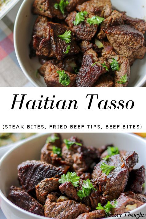 Haitian Tasso (Steak Bites, Fried Beef Tips, Beef Bites) Haitian Tasso, Beef Bites, Carribean Food, Haitian Food, Haitian Food Recipes, Fried Beef, Beef Tips, Steak Bites, Island Food