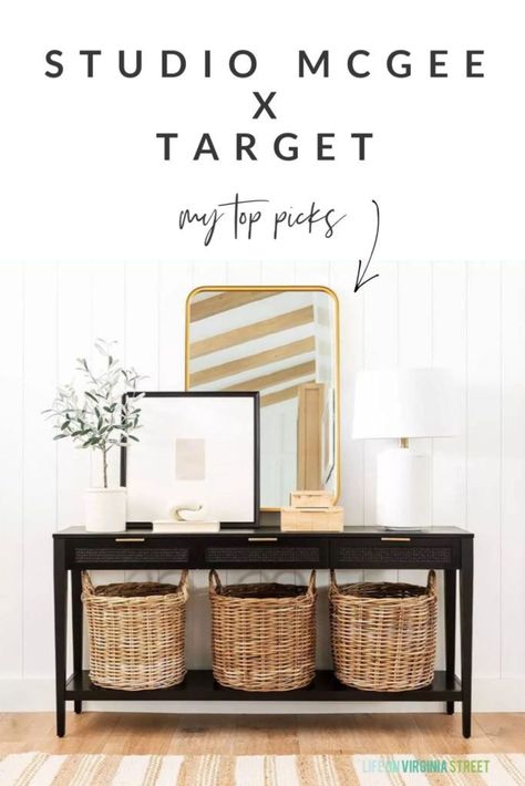 Sharing my top picks from the Studio McGee collection at Target! So many high-end looking finds at affordable prices. I love this black console table, gold mirror, woven baskets, striped rug, burl wood boxes, ceramic lamp and more! Black House Interior, White Ceramic Lamps, Fireplace Update, Faux Fireplace Diy, Console Styling, Black Console Table, Console Table Decorating, Living Room Setup, Block Printed Pillows