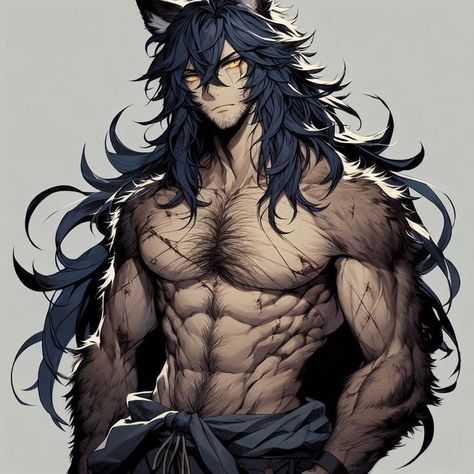 Beast Man Art, Werewolf Male Art, Yellow Eye Color, Blue Hair Yellow Eyes, Male Dnd Character Design, Tech Wear Pants, Werewolf Oc Male, Wolf Knight, Fantasy Ocs