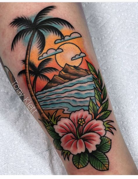 Island Traditional Tattoo, Island Beach Tattoo, Neo Traditional Beach Tattoo, Neotraditional Beach Tattoo, Old School Beach Tattoo, Hibiscus Traditional Tattoo, Traditional Island Tattoo, Traditional Beach Scene Tattoo, Tropical Traditional Tattoo