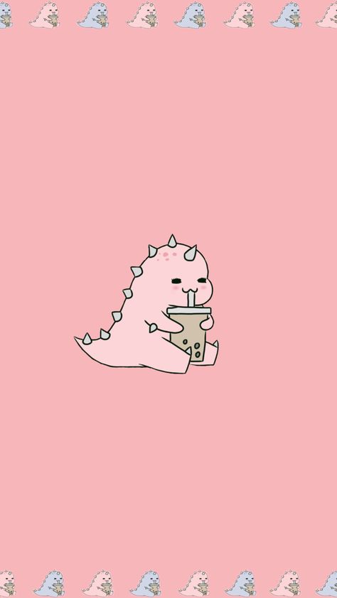 Pink Dino with boba 🦖🧋 Pink Dinosaur Tattoo, Pink Dino Wallpaper, Boba Drawings, Pink Dinosaur Wallpaper, Kawaii Dino, Dino Pink, Pinky Pinky, Aesthetic Animals, Dinosaur Tattoos