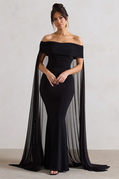 Carlotta | Black Bardot Maxi Dress With Chiffon Cape Black N White Formal Dresses, Met Gala Dresses Ideas Black, Black Tie Wedding Guest Dress Winter Classy, Black Dress With Sleeves Classy, Black Wedding Guest Dress Plus Size, Jewel Tone Dresses Formal, All Black Wedding Guest Attire, Masquerade Ball Gowns Black, Black Gala Dresses