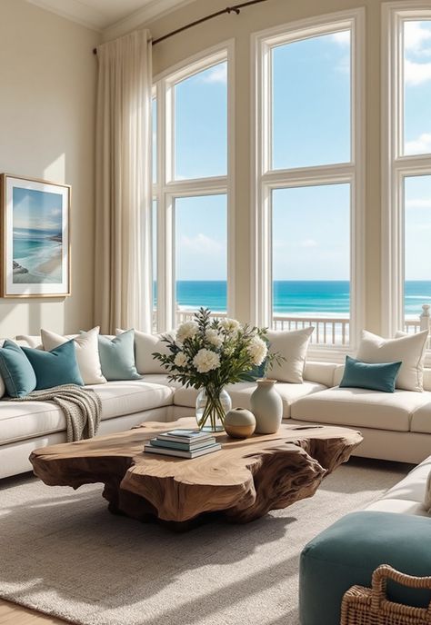 Coastal Living Room Decor Inspiration Relaxed Lounge Room Ideas, Beachy Themed Living Room, Serene Living Room Ideas, Coastal Aethstetic, Florida Living Room Ideas, Neutral Coastal Living Room, Coastal Living Room Decor, Florida Living Room, Moody Beach