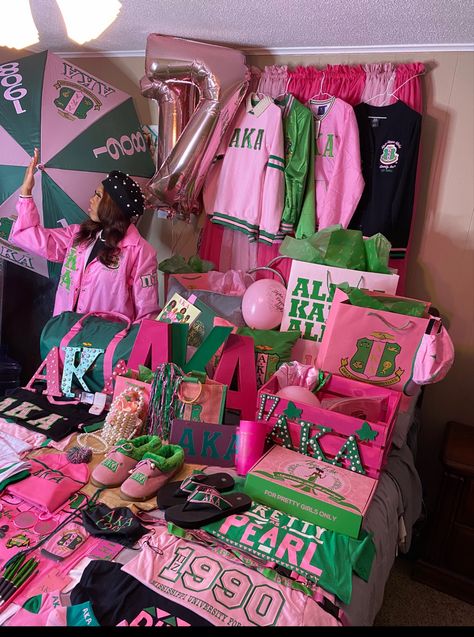 AKA
AKA sorority gifts
Pink and Green room 
Greek
Crossing Gifts
Alpha Kappa Alpha Aka Vision Board, Aka Bedroom, Aka Decorated Room, Aka Bed Decoration, Aka Bed, Aka Pictures Alpha Kappa Alpha, Aka Paraphernalia Outfit, Aka Probate Gifts Room, Aka Gifts