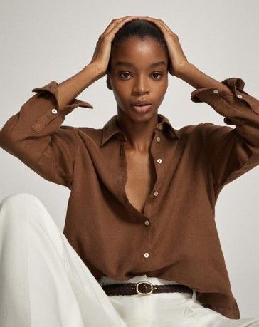 Brown Blouse Outfit, Summer Outfits Brown, Girly Summer Outfits, Linen Shirt Outfit, Brown Pants Outfit, Brown Boots Outfit, Brown Outfits, Linen Shirts Women, Brown Blouse