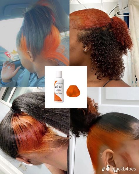 Hair Dyes For Dark Skin, Hair Color Ideas On Dark Skin, Black Hair Dye Ideas Coloring, Copper Peak A Boo Hair, Sunset Dyed Hair, Sunrise Orange Hair, Dyed Hair With Braids, Orange Hair With Dark Roots, Back Of Hair Dyed