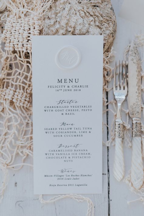 Wedding Menu with White Wax Seal Elegant Wedding Menu Cards, Menu Card Wax Seal, Personalized Wedding Menu Cards, Menus Wedding Table, Cricut Wedding Menu Cards, Wedding Menu On Table, Wedding Menu With Wax Seal, Wedding Reception Menu Cards, Wax Seal Menu Card