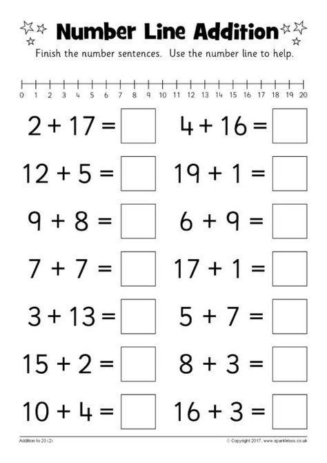 Number Line Addition Worksheets (SB12217) - SparkleBox Addition Up To 20 Worksheets, Adding To 20 Worksheets, Addition 1-20 Worksheets, Maths For Kindergarten, Addition Up To 20, Addition Worksheets First Grade, Number Line Worksheet, Number Line Addition, Addition Within 20