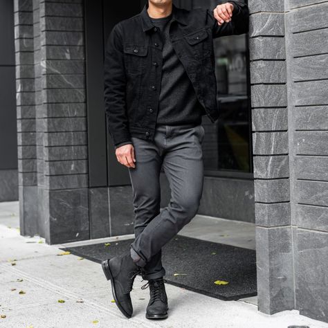 Men’s Black Denim Jacket Outfit, Black Trucker Jacket Outfit, Black Jeans Jacket Outfit, Black Jacket Outfit Mens, Men’s Clothing Styles, Alt Mens Fashion, Rugged Gentleman Style, Outfit Full Black, Black Jean Jacket Outfits