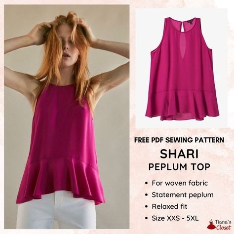 Shari Peplum Top FREE Sewing Pattern | Sewing 4 Free Free Sewing Patterns For Women Tops, Peplum Top Pattern, Sleeveless Top Pattern, Sewing Tops, Sewing Shirts, Sleeveless Peplum Top, Peplum Tops, Free Pdf Sewing Patterns, Save The Earth