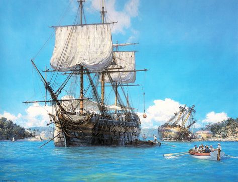 Geoff Hunt - H.M.S. Trusty in English Harbour, Antigua Sail Ships, Marine Painter, Vintage Sailing, Nautical Artwork, Marine Artist, Navi A Vela, Old Sailing Ships, Maritime Art, Marine Painting