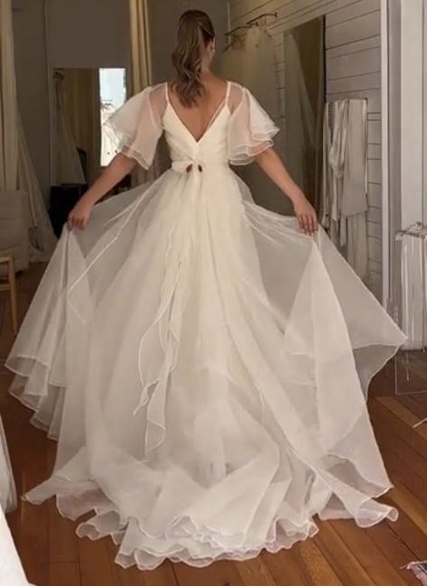 Wedding Dresses Feminine, A Line Wedding Dress Flowy, Soft Girl Wedding Dresses, Wispy Wedding Dress, Ballet Core Wedding Dress, Soft Flowy Wedding Dress, Poofy Sleeves Wedding Dress, Flounce Wedding Dress, Cottagecore Wedding Dress Long Sleeve