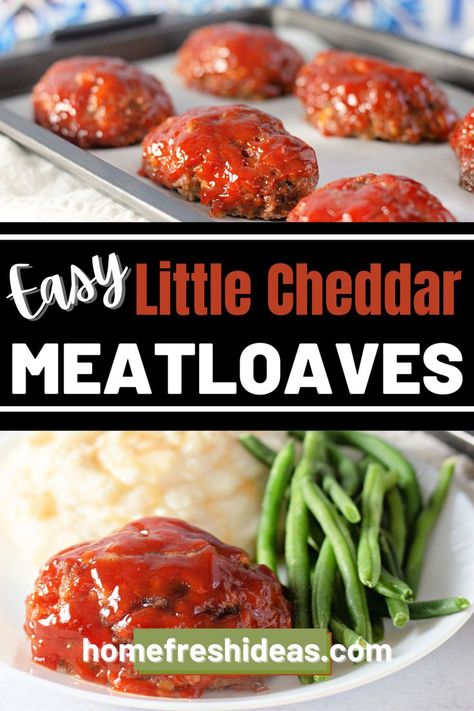 Cheddar Cheese Meatloaf, Small Batch Ground Beef Recipes, Mini Cheddar Meatloaves, Little Cheddar Meatloaves, Lil Cheddar Meatloaves, Cheddar Meatloaf Recipes, Mini Meat Loaves, Meatloaf Recipe With Cheese, Beef Main Course