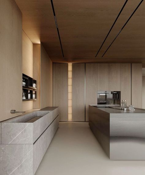 Walls Interior Design, Metal Island, Modern Wooden House, Metal Element, Minimal Kitchen, Stainless Kitchen, House Arch Design, Kitchen Concepts, 아파트 인테리어