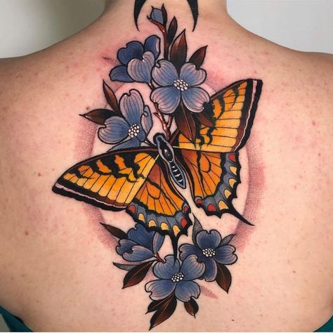 Girly Neo Traditional Tattoo, Traditional Moth, Traditional Butterfly Tattoo, Colorful Butterfly Tattoo, Neo Trad Tattoo, Upper Back Tattoos, Tatuaje A Color, Just Ink, Butterfly Tattoo Designs