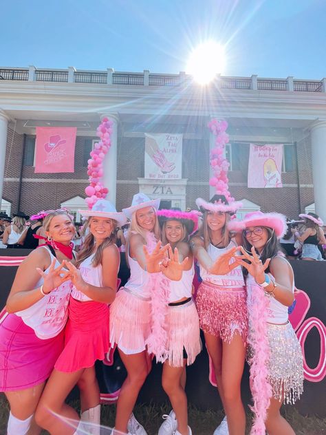 Barbie Student Section, Pink Bid Day Outfit, Sorority Bid Day Outfits, Pink Out Pep Rally Outfits, Barbie Bid Day Theme, Cowboy Sorority Theme, Rodeo Bid Day, Pink Out Party, Y2k Bid Day