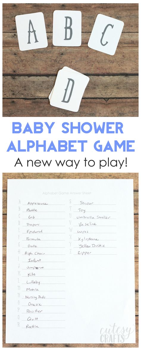 An new way to play the alphabet baby shower game! - Free printable cards! Baby Abc Game, Baby Name Game, Free Printable Baby Shower Games, Alphabet Game, Paper Flower Centerpieces, Baby Shower Items, Abc Games, Diy Wedding Backdrop, Alphabet Games