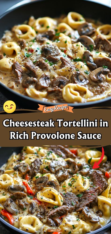 Cheesesteak Tortellini in Rich Provolone Sauce Philly Cheese Steak Tortilini, Easy To Eat Meals, Steak Ravioli Dinners, Beef Stew With Tortellini, Queso Meal Ideas, Cost Friendly Meals, Homemade Cheesesteak Tortellini In Rich Provolone Sauce, Cheese Steak Tortellini Pasta, Dinner With Sirloin Steak