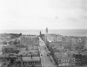 Elevated view from the top of the Pabst Building down East Wisconsin Avenue all the way to Milwaukee Bay and out to the horizon of Lake Michigan, Milwaukee, Wisconsin, 1898. Old Images, Milwaukee Wisconsin, Bay View, Milwaukee Wi, Architecture Old, Historical Society, Best Cities, Lake Michigan, The Horizon