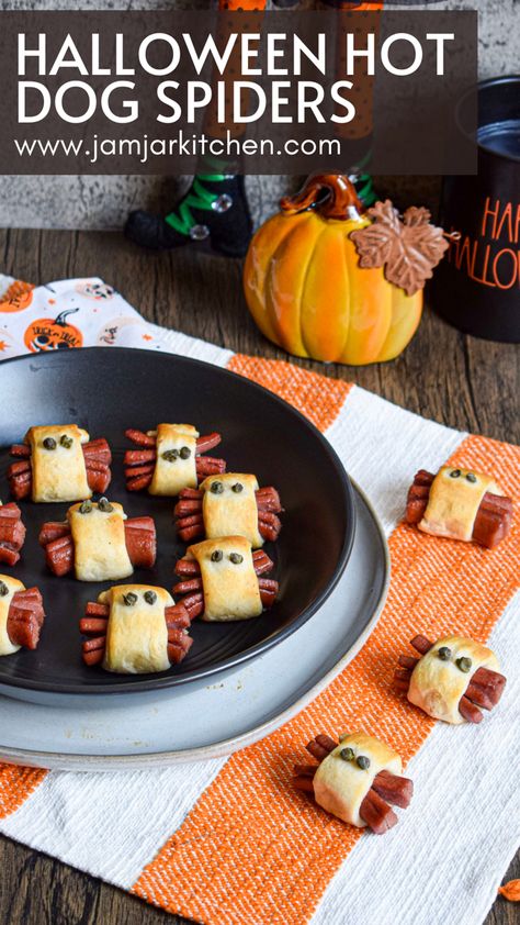 Halloween snack appetizer hot dog crescent roll spiders Spiders In A Blanket, Spider Dogs In Oven, Halloween Gathering Food, Spider Pigs In A Blanket, Spooky Pigs In A Blanket, Appiterzers Easy Recipes Halloween, Spider Crescent Rolls, Halloween Sausage Ideas, Spooky Hotdogs