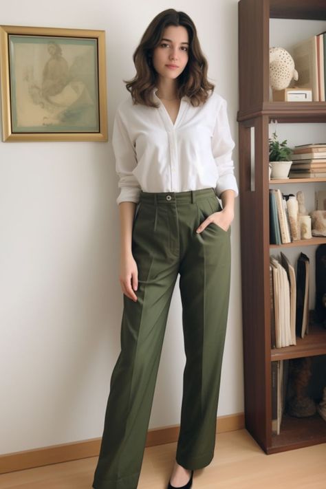 Classic White Shirt and Olive Green Pants Olive Green Pants Outfit, Green Pants Outfit, Elegance Dress, Mom Hair, Luxury Photography, Olive Green Pants, Chique Outfits, Office Outfits Women, Business Casual Outfits For Work