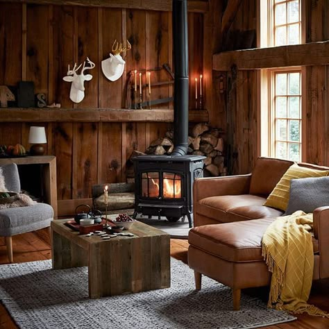 How To Create A Cozy Winter Home | west elm Leather Chaise Sectional, Cabin Interior Design, Cabin Living Room, Cabin Interiors, Cabin Living, Small Cabin, Cabin Style, Modern Cabin, Cabins And Cottages