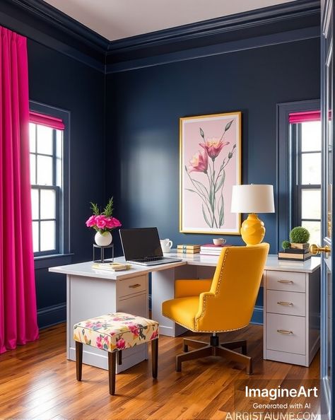 Home Office Bright Colors, Purple Office Ideas, Women Cave Ideas, Bedroom Office Combo, Purple Office, Office Paint Colors, Painting Teacher, Office Paint, Pink Office