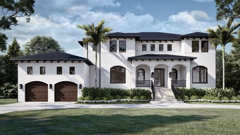 Black barrel tile roof white stucco exterior walnut garage door White Mediterranean House Exterior, Modern Stucco House, Modern Mediterranean Homes Exterior, White Stucco Exterior, Stucco House Colors, White Stucco House, Mediterranean House Designs, Spanish Exterior, Stucco House