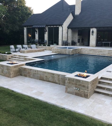 Pools With Retaining Walls Sloped Backyard, Pool Hillside, Hillside Pool, Rectangle Pool, Dream Backyard Pool, Sloped Yard, Pools Backyard Inground, Sloped Backyard, Pool Steps