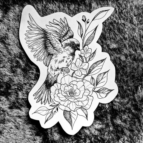 Lilly And Bird Tattoo, Hawk Flower Tattoo, Sparrow Floral Tattoo, Bird And Poppy Tattoo, Sparrow Memorial Tattoo, Bird On Flower Tattoo, Tattoo Birds And Flowers, Mens Sparrow Tattoo, Sparrow Shoulder Tattoo