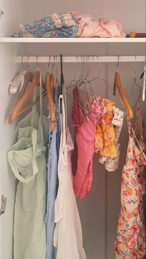 Aethstetic Closet, Closet Cleanout Aesthetic, Colorful Closet Aesthetic, Hanging Dresses In Closet, Summer Closet Aesthetic, Summer Closet Organization, Clean Closet Aesthetic, Cottagecore Closet, Summer Closet