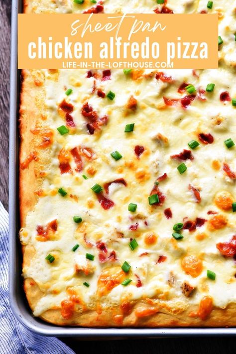 Sheet Pan Chicken Alfredo Pizza is a simple homemade pizza dough topped with creamy Alfredo sauce, grilled chicken, bacon and Mozzarella cheese. Firehouse Meals, Simple Homemade Pizza, Life In The Lofthouse, Chicken Alfredo Pizza, Creamy Alfredo Sauce, Pizza Life, Alfredo Pizza, Easy Sheet Pan Dinners, Sheet Pan Chicken