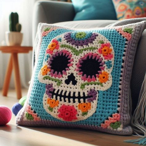 Crochet Sugar Skull Pillow Pattern Skull Pillow Crochet Pattern, Crochet Sugar Skull, Crochet Skull Patterns, Bug Bite, Skull Pillow, Crochet Skull, Crochet Halloween, Candy Skulls, Bug Bites