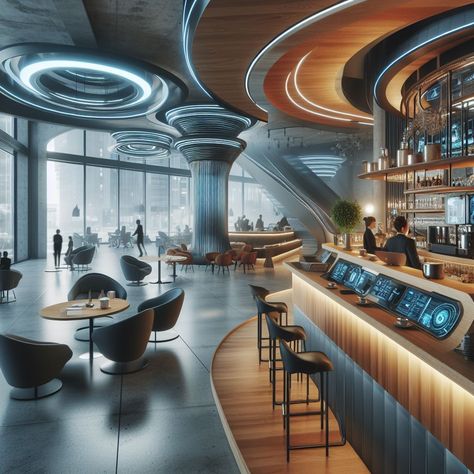 Search Sci Fi Coffee Shop, Futuristic Cafe, Dream Company, Ville Cyberpunk, Cafeteria Design, Future Technology Concept, Hotel Lobby Design, Modern Graphic Art, Skyscraper Architecture