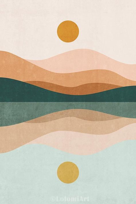 Retro Mountain Art, Colourful Mountains, Minimalist Wall Painting, Bedroom Wall Art Above Bed, Sun And Mountain, Art Prints Bedroom, Boho Art Painting, Boho Art Prints, Minimal Landscape