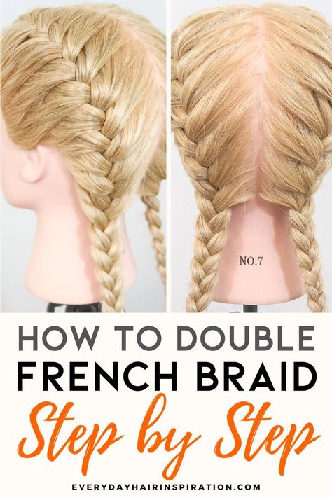 Double French Braid, Braid Pigtails, Easy French Braid, French Braid Pigtails, French Braids Tutorial, Braids Step By Step, Two French Braids, Double French Braids, Braiding Your Own Hair