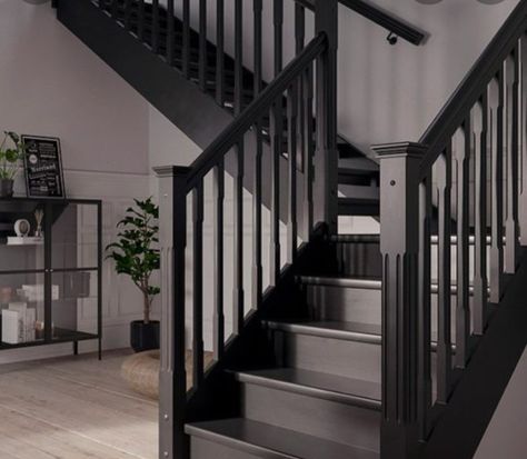 Black Painted Stairs, Dark Staircase, Stairs And Hallway Ideas, Black Stair Railing, House Rehab, Black Staircase, Open Trap, Black Stairs, House Staircase