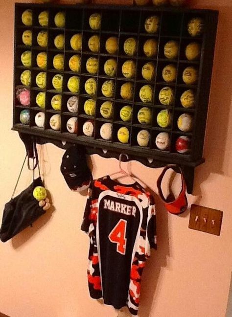 Softball Homerun Ball Display, Softball Storage Ideas, Homerun Ball Display, Softball Display Ideas, Softball Room Ideas, Softball Bedroom Ideas, Girls Softball Room, Softball Room Decor, Softball Bedroom