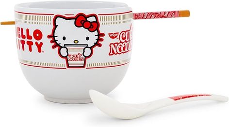 Amazon.com: Silver Buffalo Sanrio Hello Kitty x Nissin Cup Noodles Ceramic Ramen Dinnerware Set | Includes 20-Ounce Noodle Bowl, Wooden Chopsticks, and Spoon : Grocery & Gourmet Food Noodles Logo, Hello Kitty Ramen, Nissin Cup Noodles, Japanese Dinnerware, Hello Kitty Gifts, Hello Kitty Videos, Kitty Christmas, Cup Noodles, Chopstick Holder