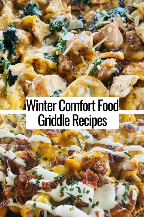 pasta and loaded potato dishes Bbq Griddle Ideas, Dinner Griddle Recipes, Chicken Flat Top Grill Recipes, Winter Camping Recipes, Bbq Griddle Recipes, Flat Top Chicken Recipes, Griddle Dinner Recipes, Griddle Meals Dinners, Fall Blackstone Recipes